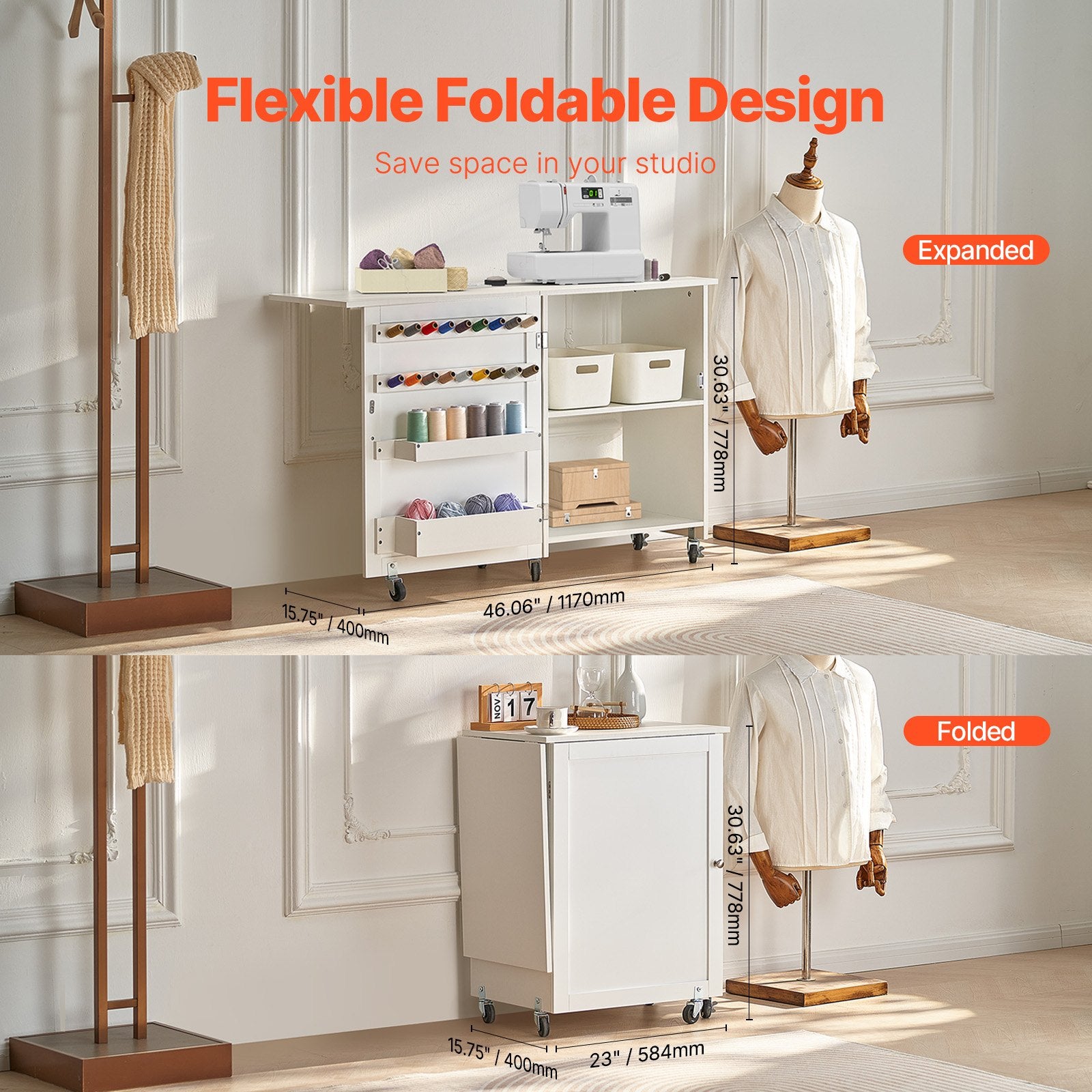 Folding Sewing Table with Lockable Wheels Storage Shelves Trays Door White V952-FRZJYXXKZDBHL2LV9V0