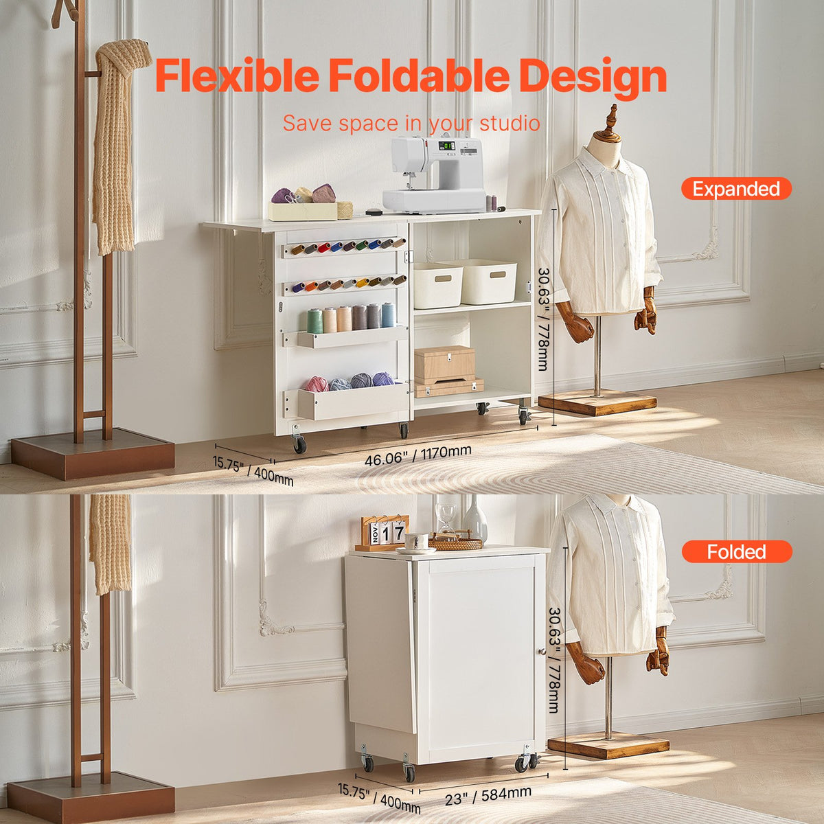 Folding Sewing Table with Lockable Wheels Storage Shelves Trays Door White V952-FRZJYXXKZDBHL2LV9V0