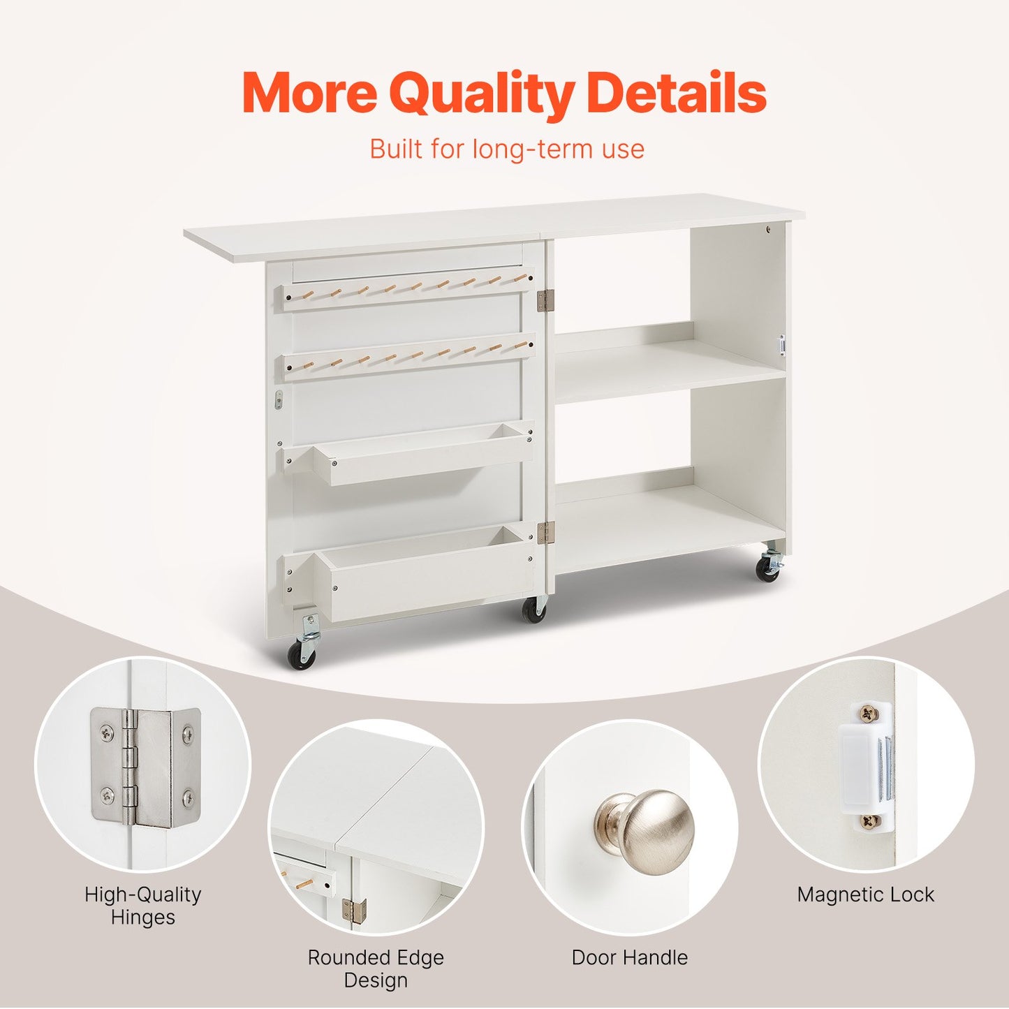 Folding Sewing Table with Lockable Wheels Storage Shelves Trays Door White V952-FRZJYXXKZDBHL2LV9V0