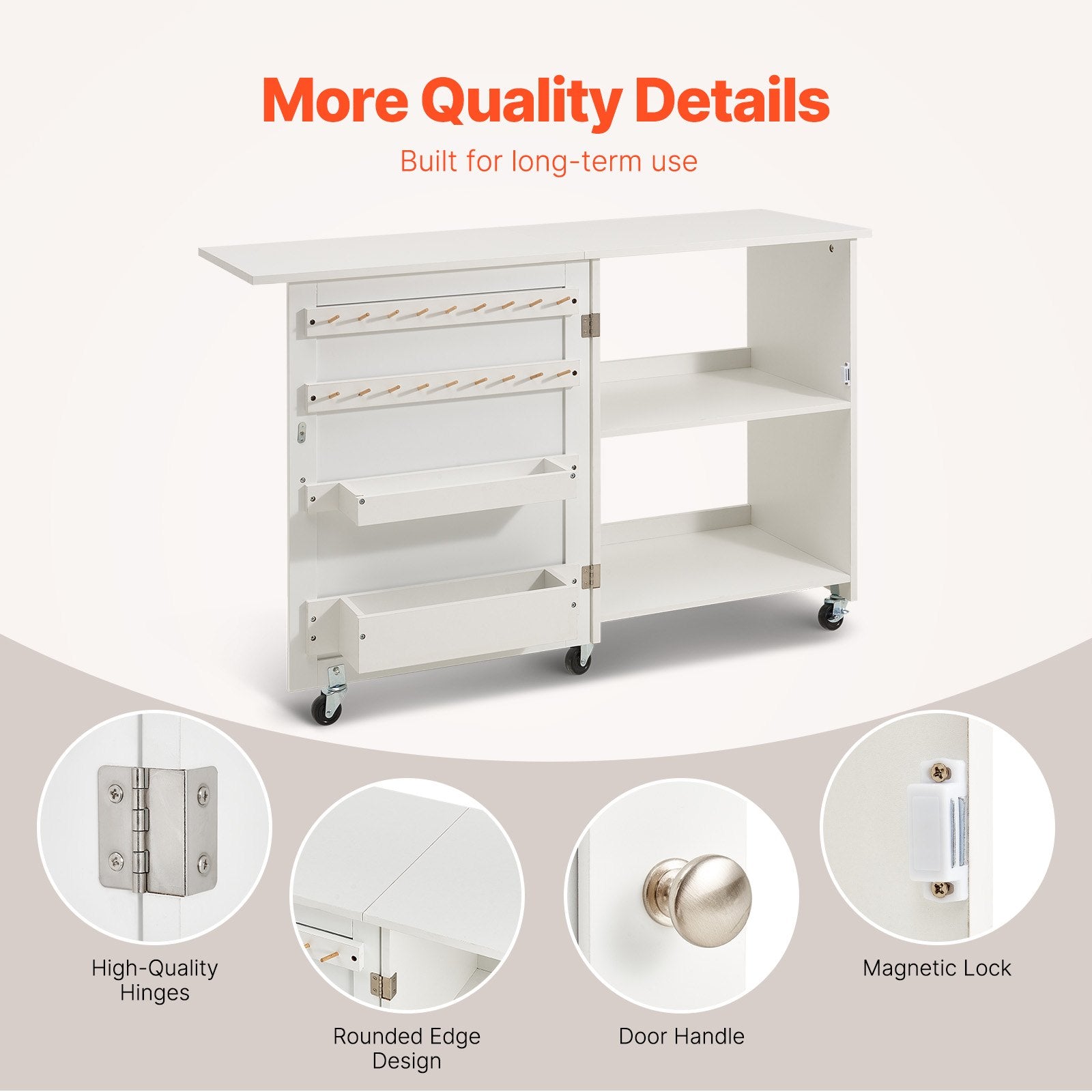 Folding Sewing Table with Lockable Wheels Storage Shelves Trays Door White V952-FRZJYXXKZDBHL2LV9V0