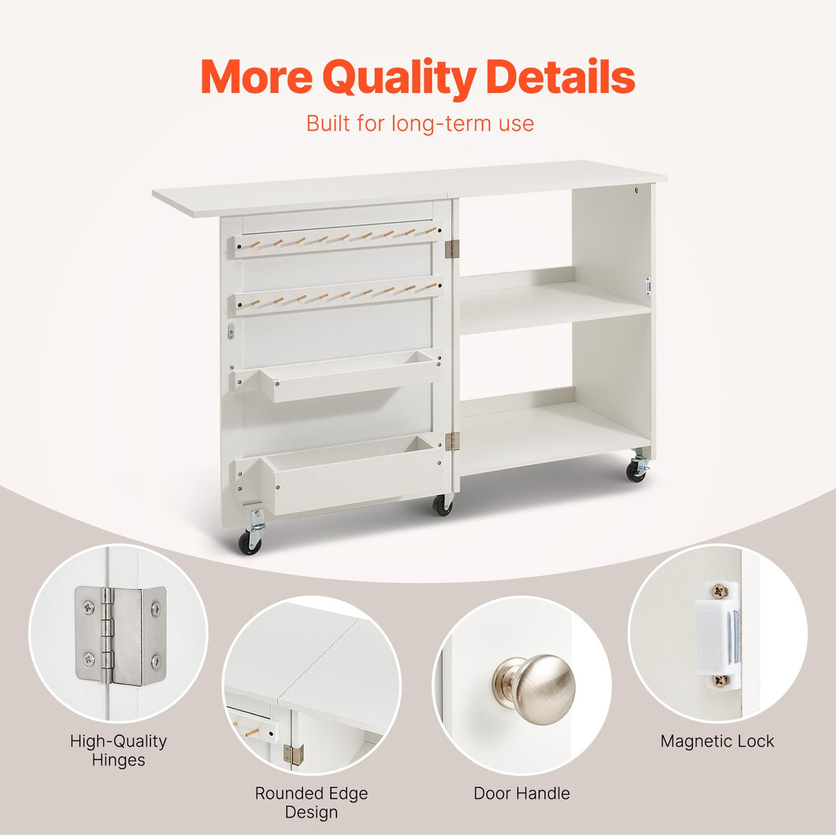 Folding Sewing Table with Lockable Wheels Storage Shelves Trays Door White V952-FRZJYXXKZDBHL2LV9V0