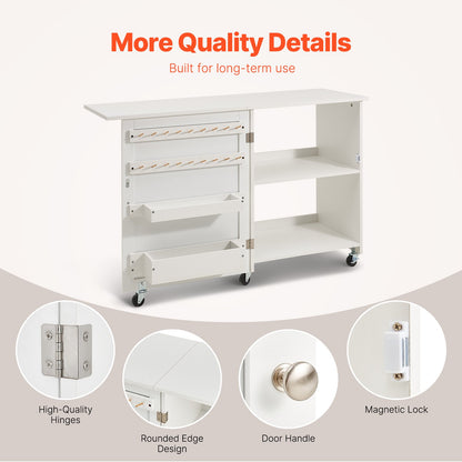 Folding Sewing Table with Lockable Wheels Storage Shelves Trays Door White V952-FRZJYXXKZDBHL2LV9V0