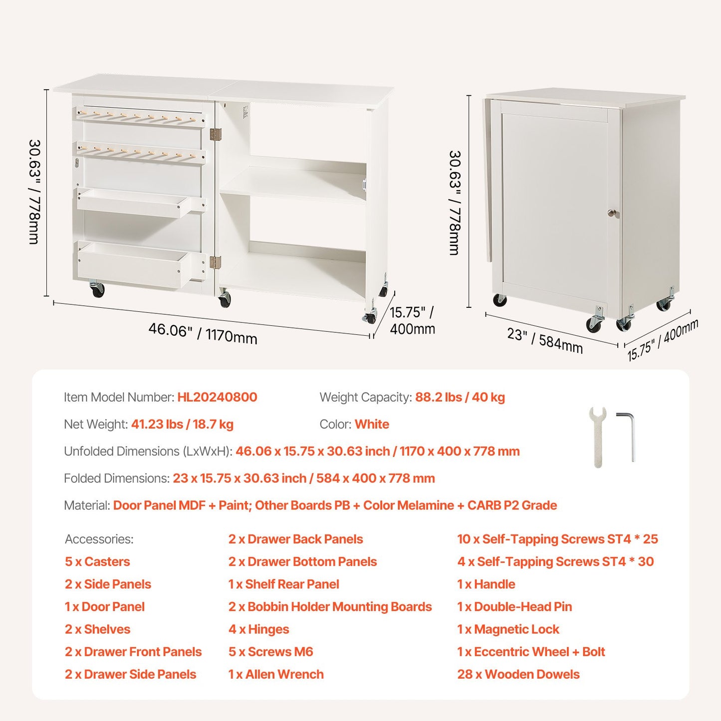 Folding Sewing Table with Lockable Wheels Storage Shelves Trays Door White V952-FRZJYXXKZDBHL2LV9V0