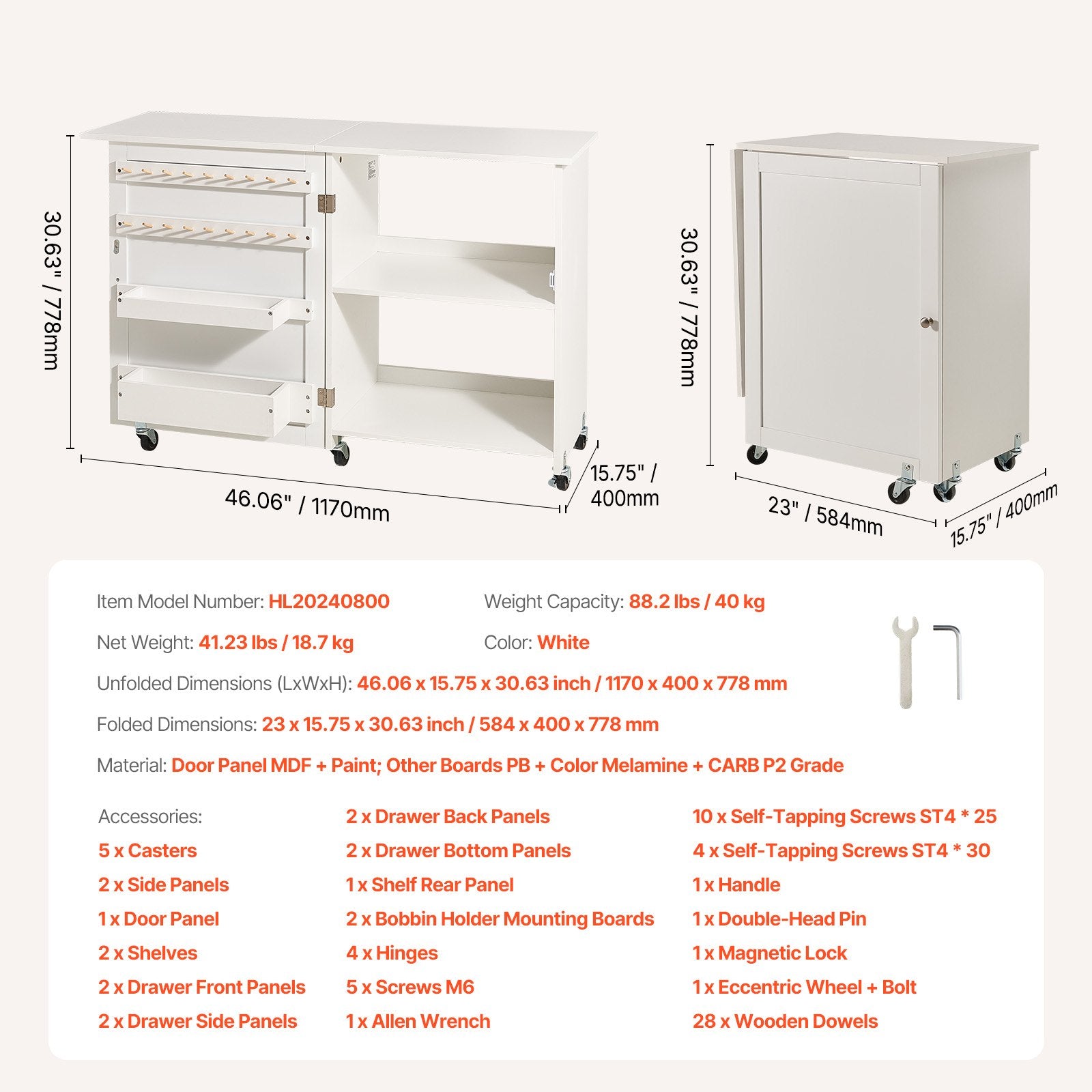 Folding Sewing Table with Lockable Wheels Storage Shelves Trays Door White V952-FRZJYXXKZDBHL2LV9V0