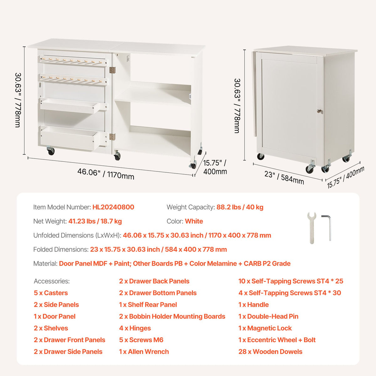 Folding Sewing Table with Lockable Wheels Storage Shelves Trays Door White V952-FRZJYXXKZDBHL2LV9V0