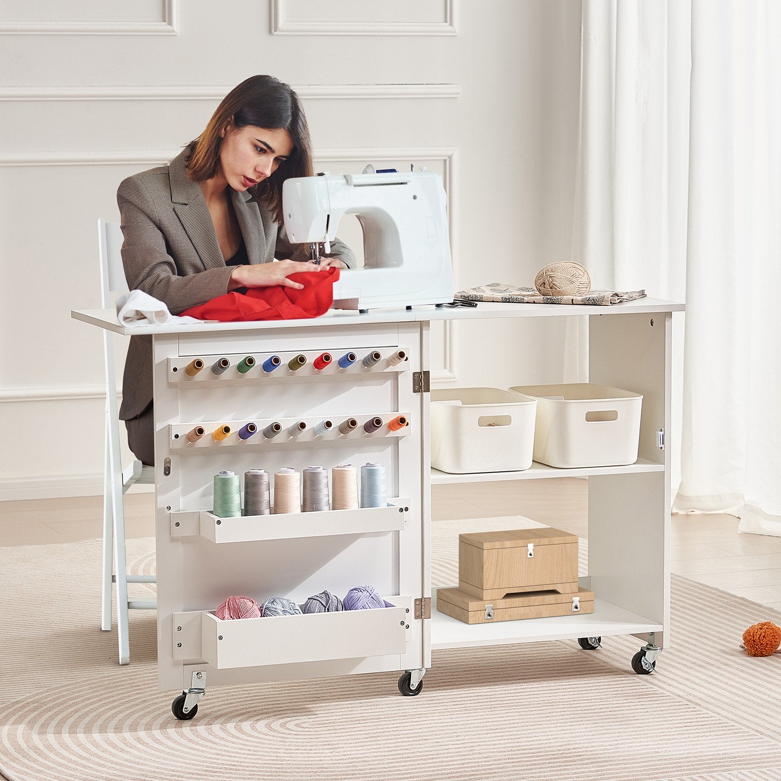Folding Sewing Table with Lockable Wheels Storage Shelves Trays Door White V952-FRZJYXXKZDBHL2LV9V0