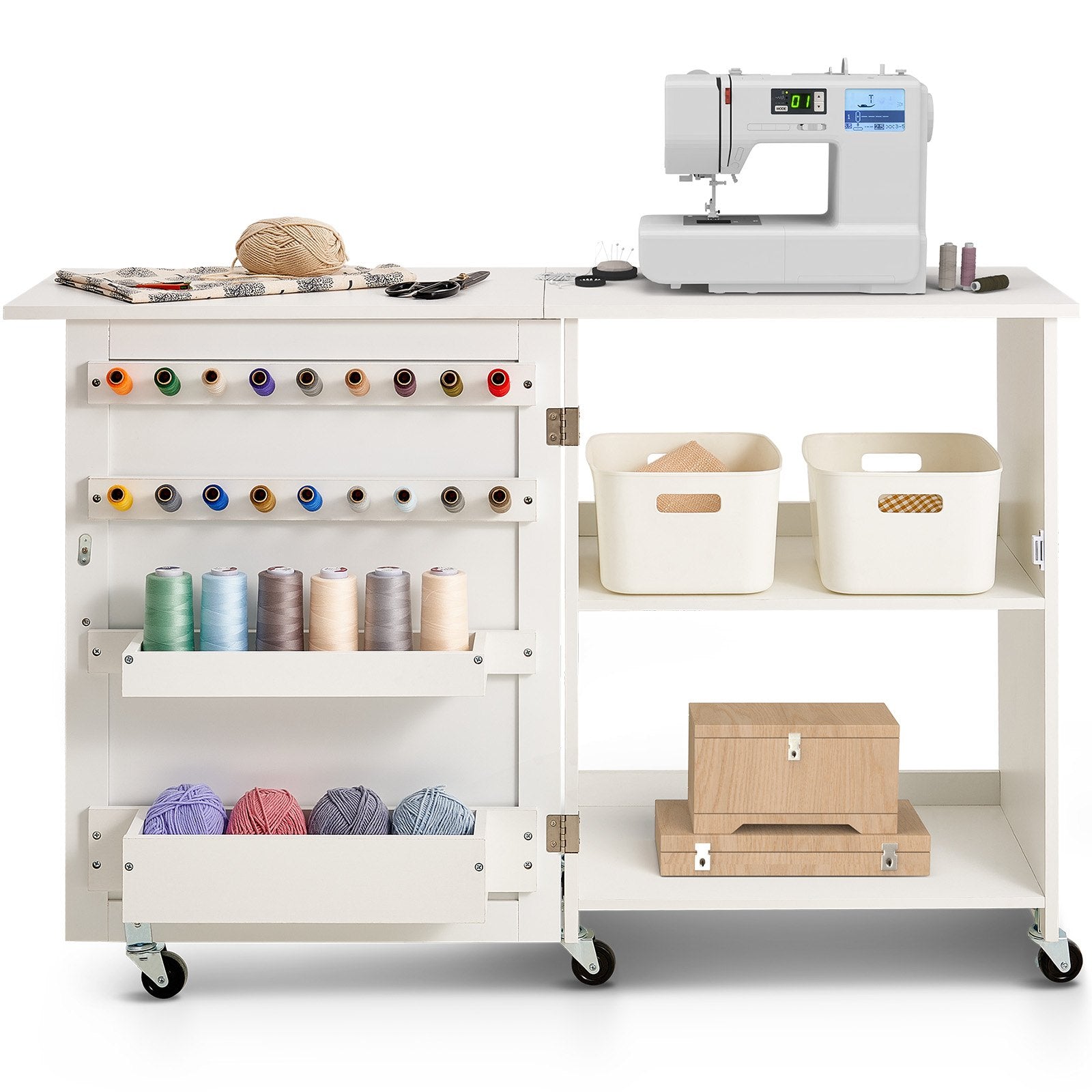 Folding Sewing Table with Lockable Wheels Storage Shelves Trays Door White V952-FRZJYXXKZDBHL2LV9V0