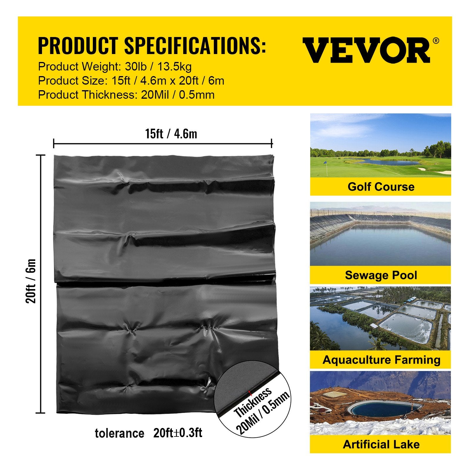 LLDPE Pond Liner 15x20 ft, Pond Liner 20 Mil, Fish Pond Liners for Waterfall, Pond and Fish Ponds V952-FSM15X20FT0000001V0