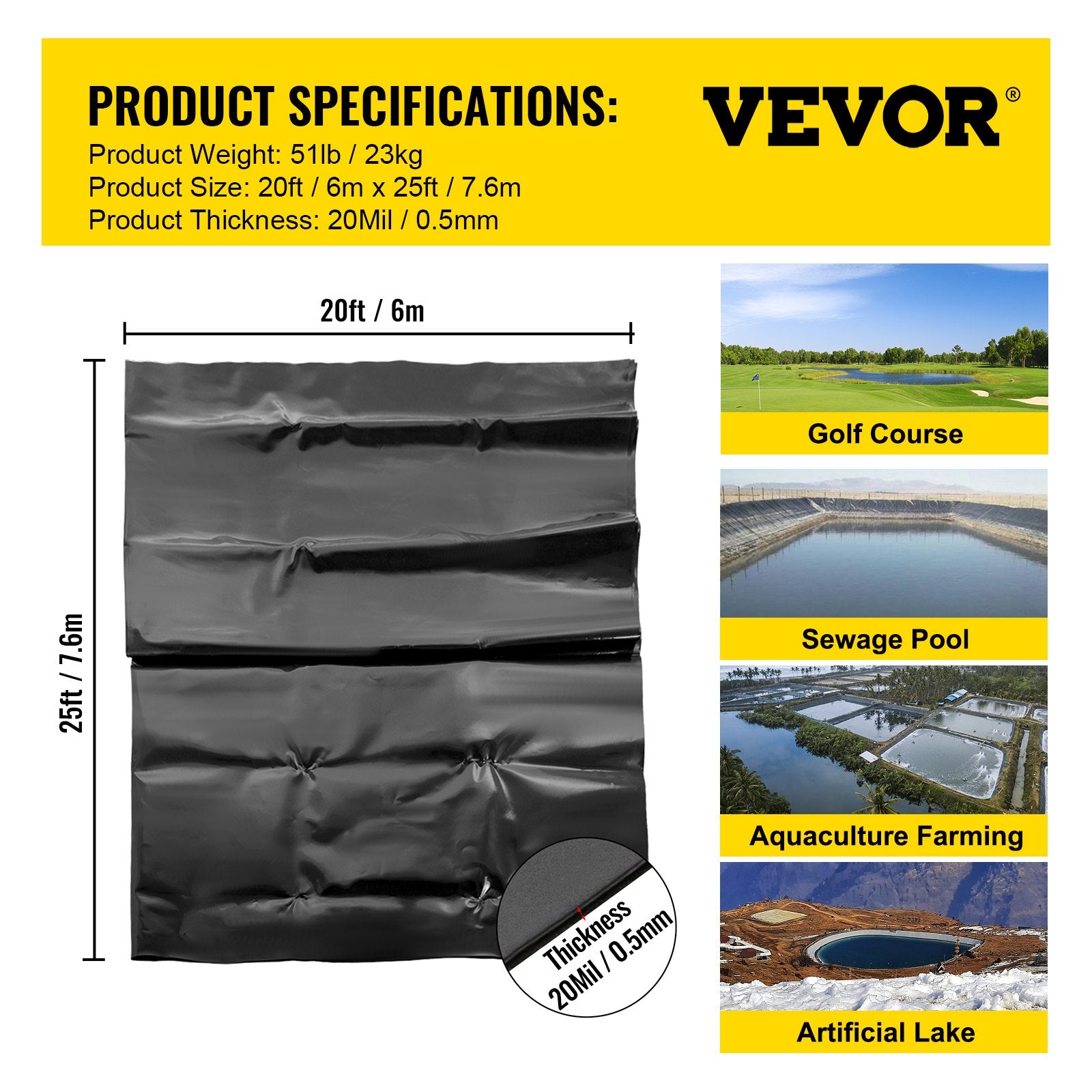 LLDPE Pond Liner 20x25 ft, Pond Liner 20 Mil, Fish Pond Liners for Waterfall, Pond and Fish Ponds V952-FSM20X25FT0000001V0
