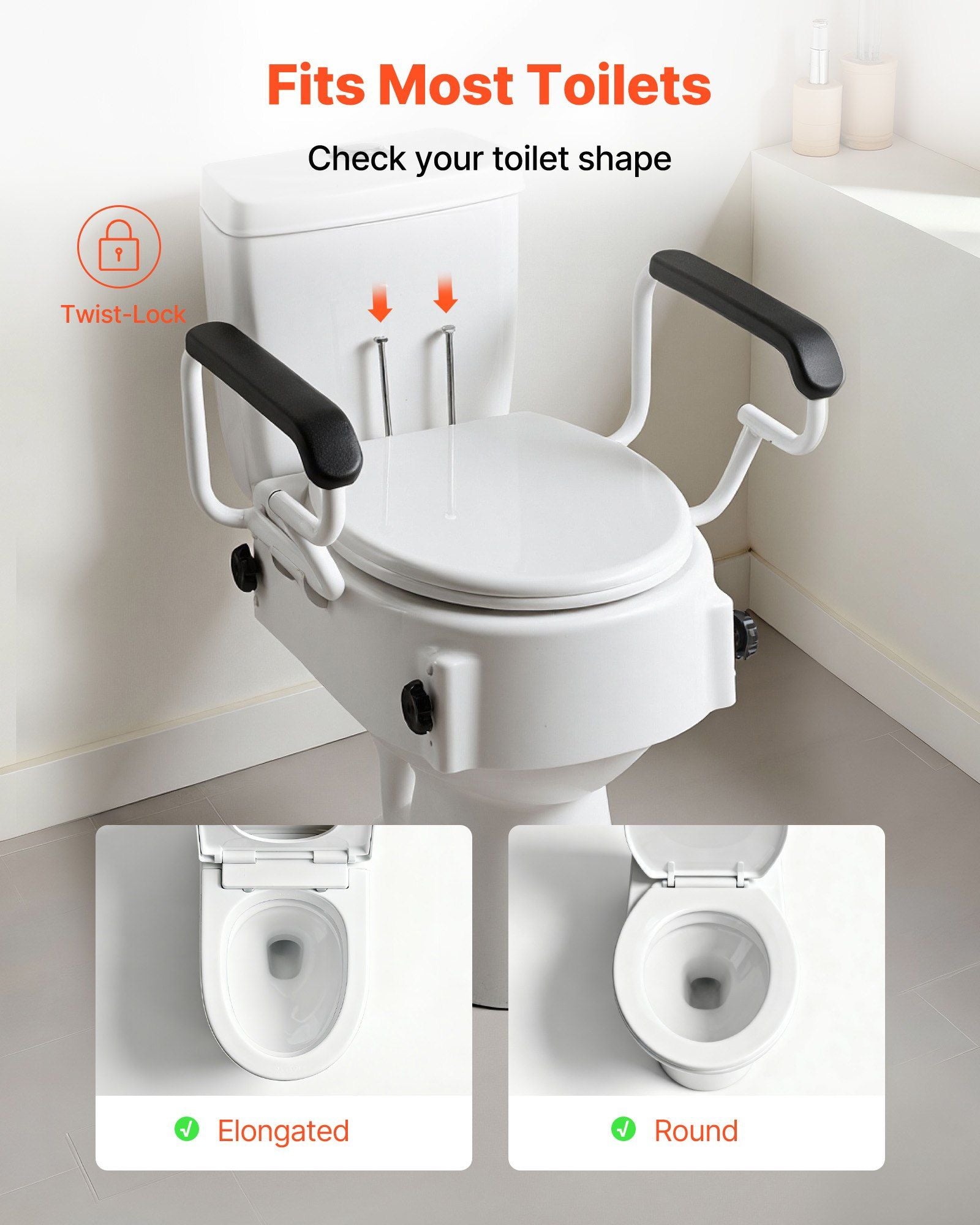 Raised Toilet Seat with Arms, 136.1 kg Load Capacity, 3-Level Adjustable Height, Widened Commode Elevated V952-FSSFSJGMTZDDNO6QU001V0
