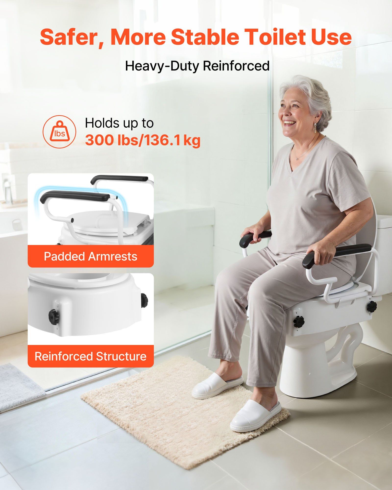 Raised Toilet Seat with Arms, 136.1 kg Load Capacity, 3-Level Adjustable Height, Widened Commode Elevated V952-FSSFSJGMTZDDNO6QU001V0