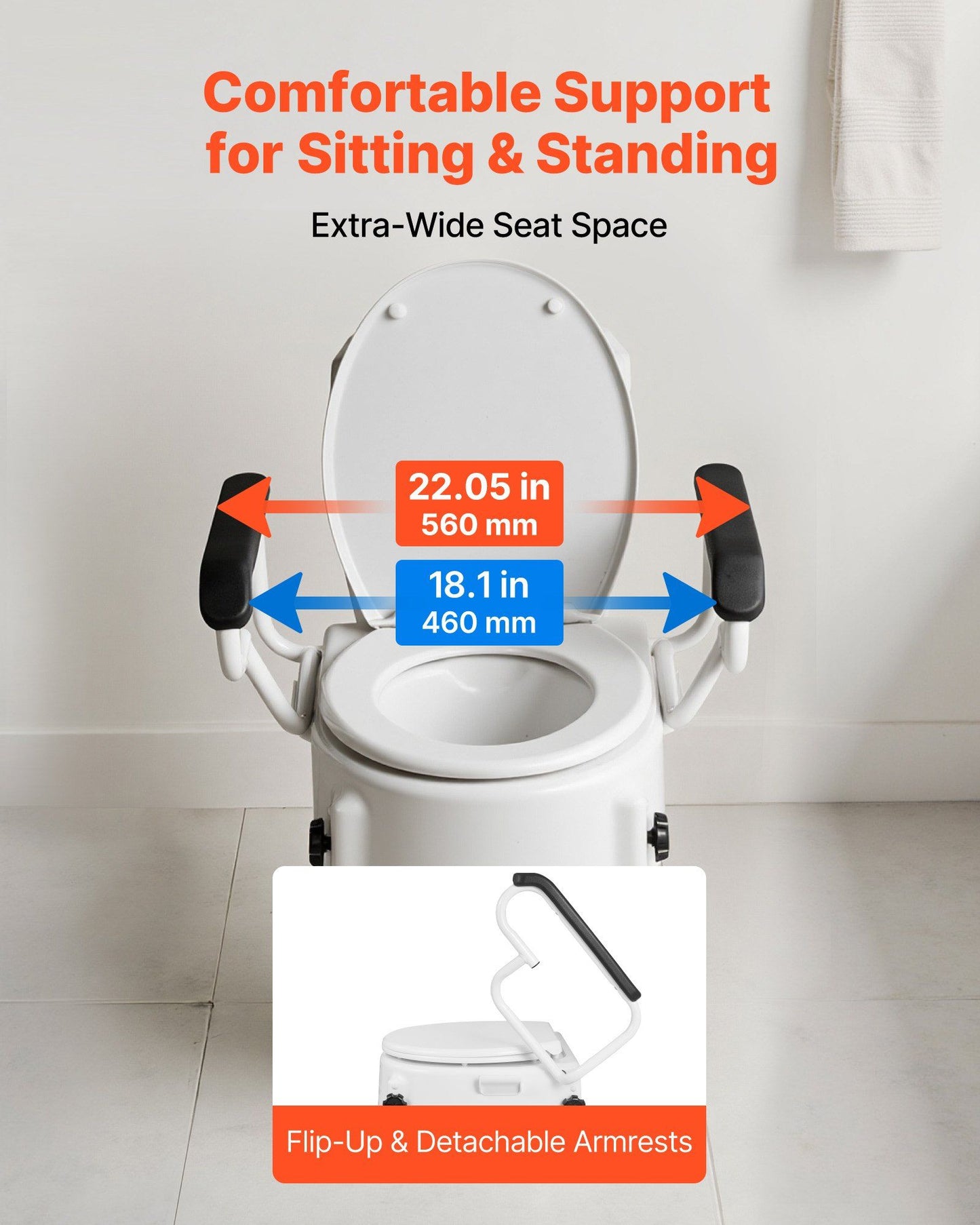 Raised Toilet Seat with Arms, 136.1 kg Load Capacity, 3-Level Adjustable Height, Widened Commode Elevated V952-FSSFSJGMTZDDNO6QU001V0