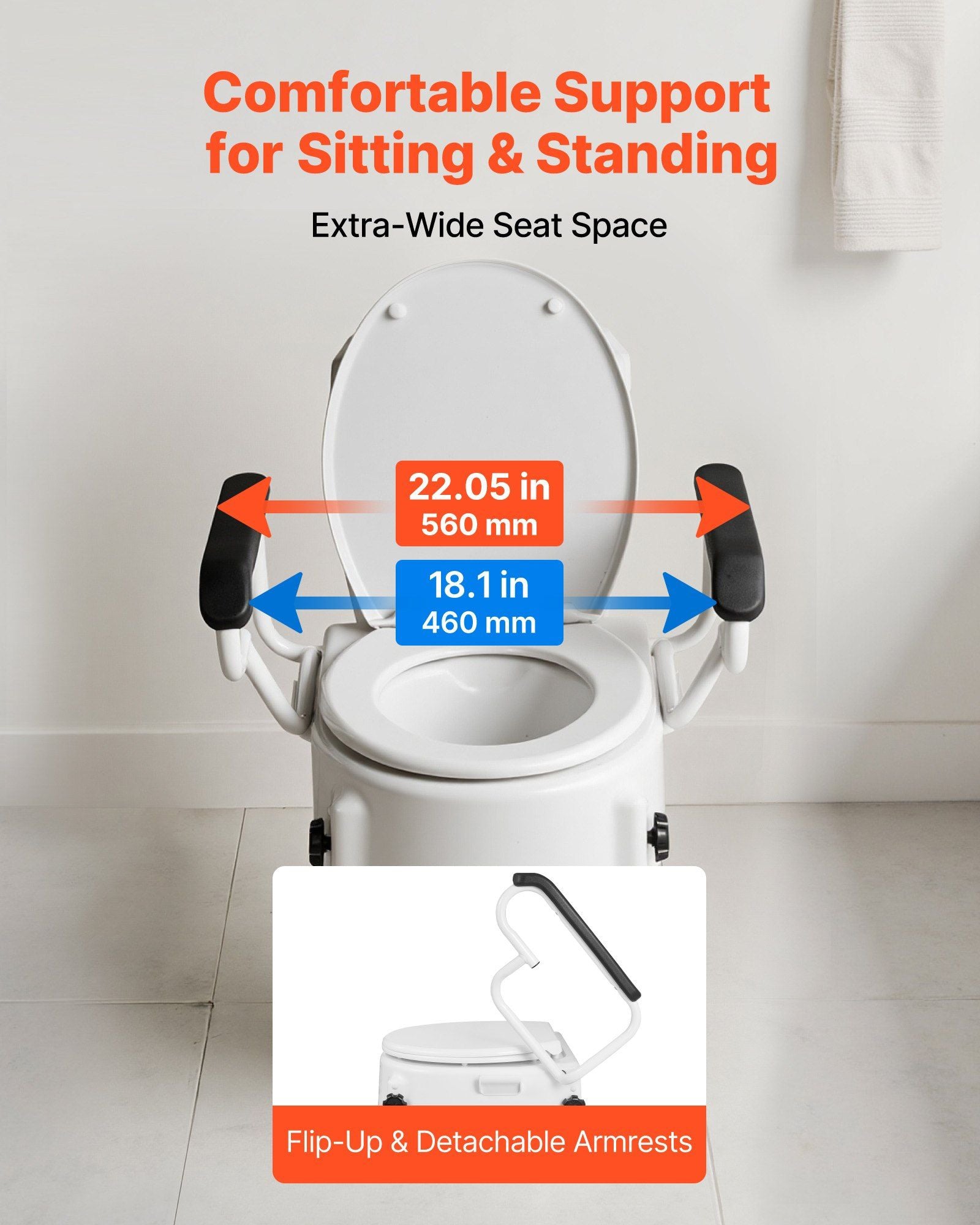 Raised Toilet Seat with Arms, 136.1 kg Load Capacity, 3-Level Adjustable Height, Widened Commode Elevated V952-FSSFSJGMTZDDNO6QU001V0