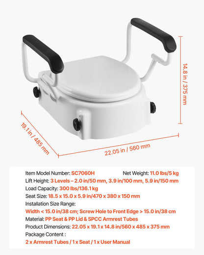 Raised Toilet Seat with Arms, 136.1 kg Load Capacity, 3-Level Adjustable Height, Widened Commode Elevated V952-FSSFSJGMTZDDNO6QU001V0