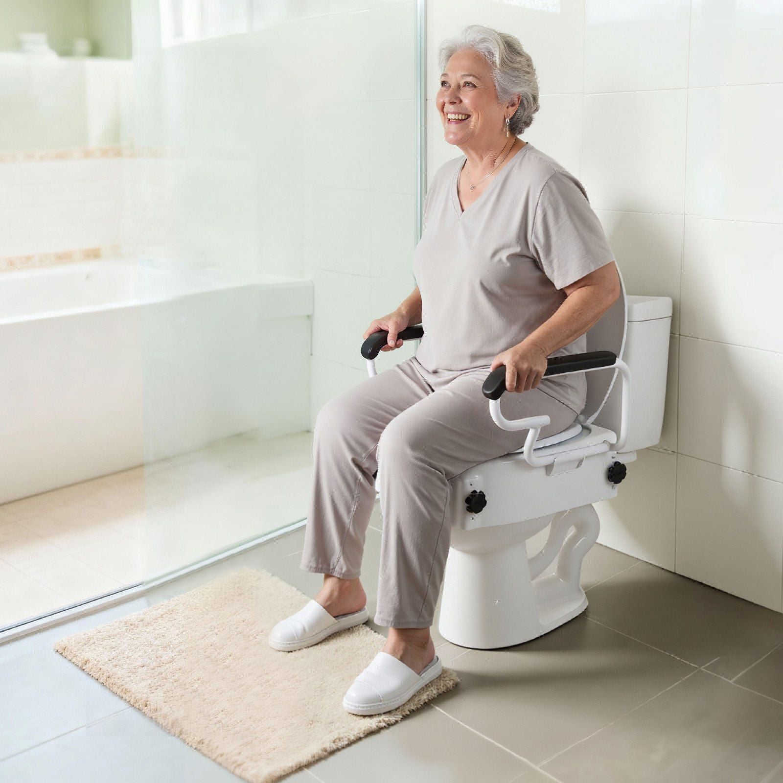Raised Toilet Seat with Arms, 136.1 kg Load Capacity, 3-Level Adjustable Height, Widened Commode Elevated V952-FSSFSJGMTZDDNO6QU001V0