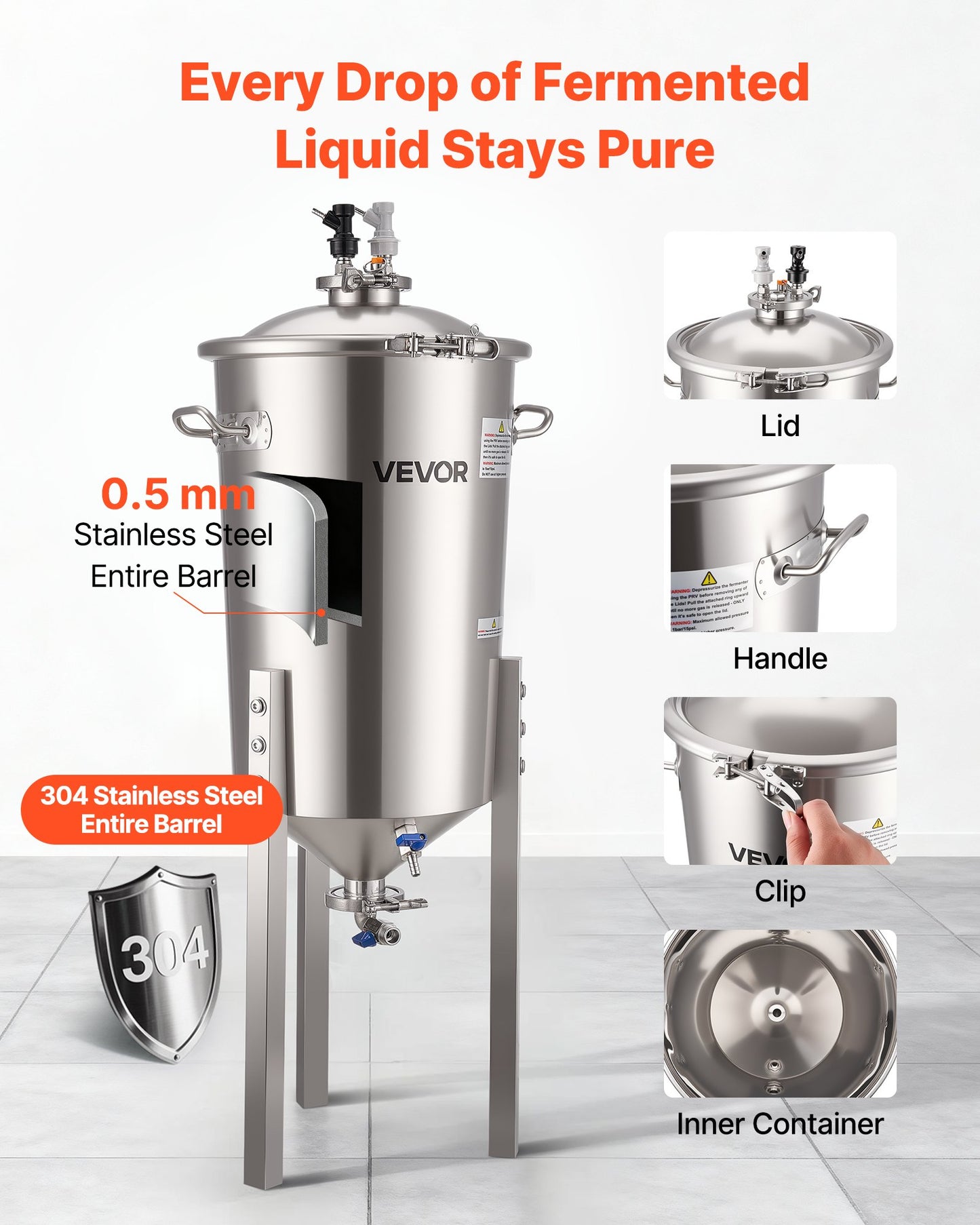Stainless Steel Conical Fermenter, 8 Gal/30L Home Brewing Fermenation Tank, Brew Bucket Fermentor with V952-FSSPJNJXT2FTG68GV001V0
