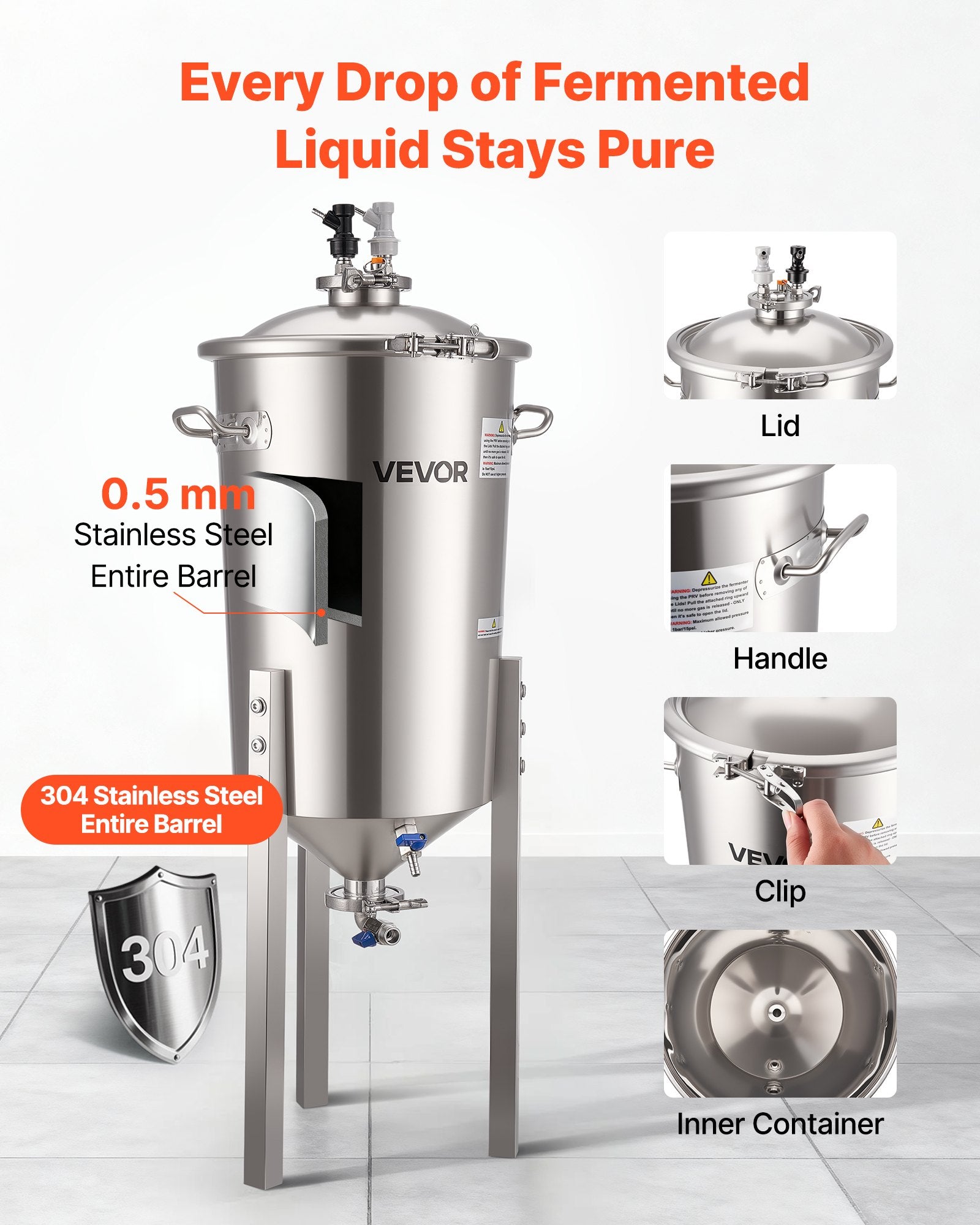 Stainless Steel Conical Fermenter, 8 Gal/30L Home Brewing Fermenation Tank, Brew Bucket Fermentor with V952-FSSPJNJXT2FTG68GV001V0