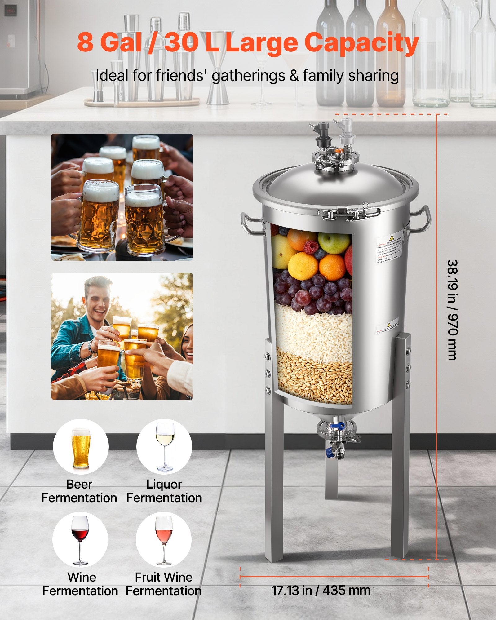 Stainless Steel Conical Fermenter, 8 Gal/30L Home Brewing Fermenation Tank, Brew Bucket Fermentor with V952-FSSPJNJXT2FTG68GV001V0