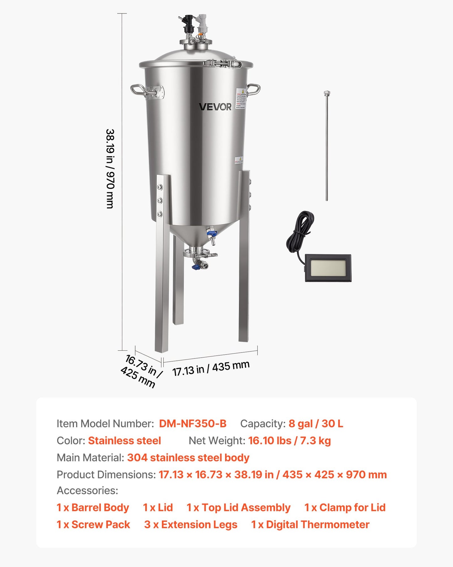 Stainless Steel Conical Fermenter, 8 Gal/30L Home Brewing Fermenation Tank, Brew Bucket Fermentor with V952-FSSPJNJXT2FTG68GV001V0