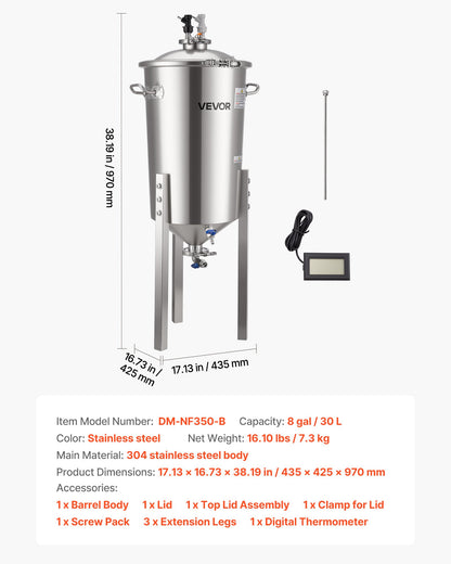 Stainless Steel Conical Fermenter, 8 Gal/30L Home Brewing Fermenation Tank, Brew Bucket Fermentor with V952-FSSPJNJXT2FTG68GV001V0