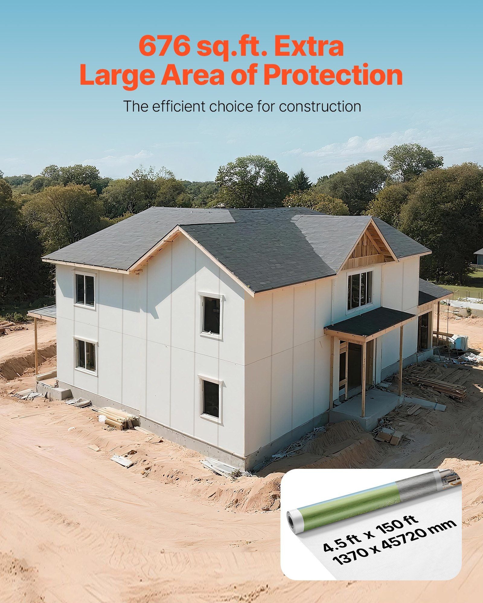 House Wrap, 1.37 x 45.72 m, 0.13 mm Thick Vapor Barrier, Heavy Duty Plastic Sheeting for Tear-resistant, Drop V952-FSTQM45FT150ANG7A001V0