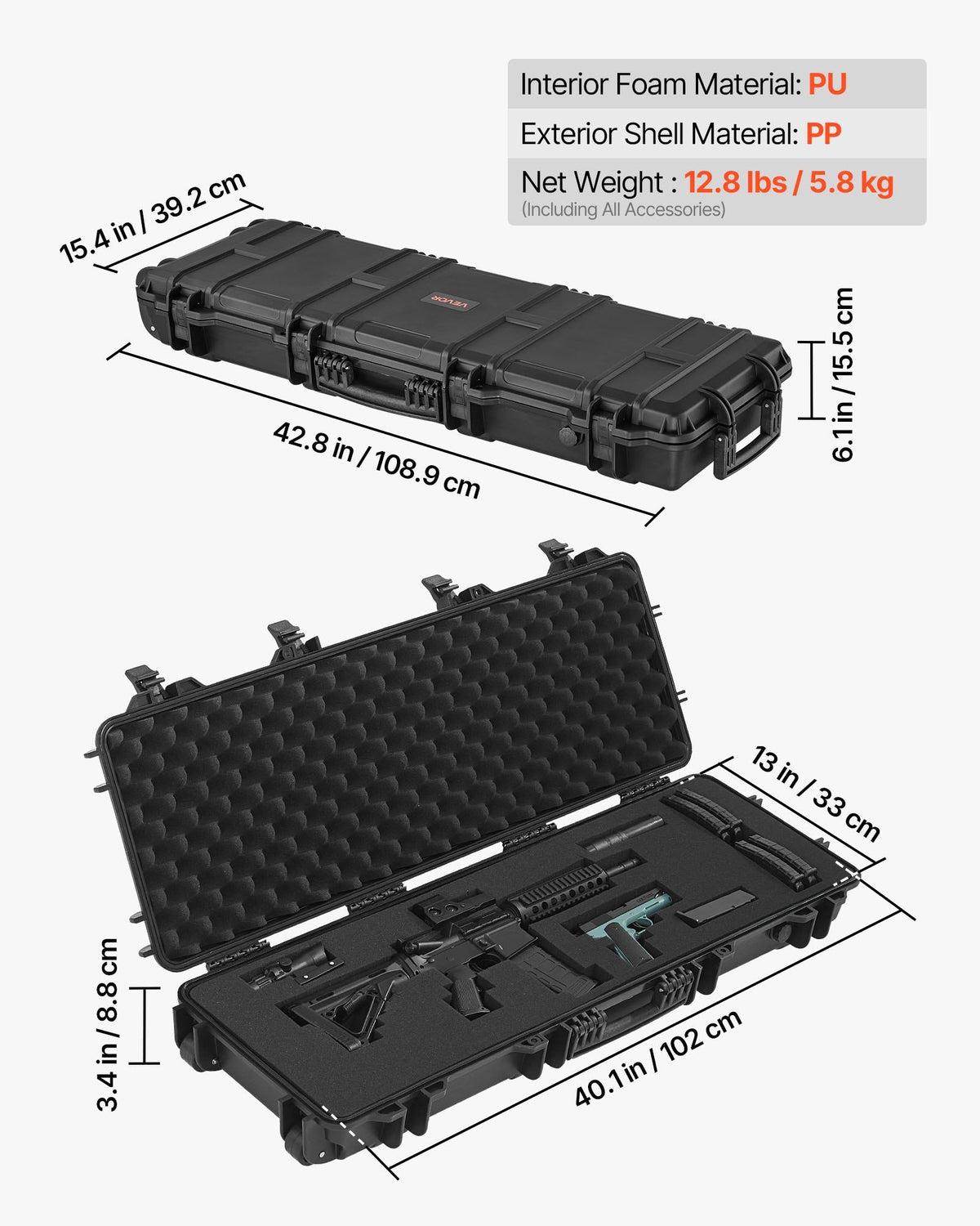 Hard Rifle Case, Lockable Rifle Case with Pre-cut Foams, 1016 mm Gun Storage with Wheels, IP67 Waterproof & V952-FSYZBQH40127R1IIQ001V0