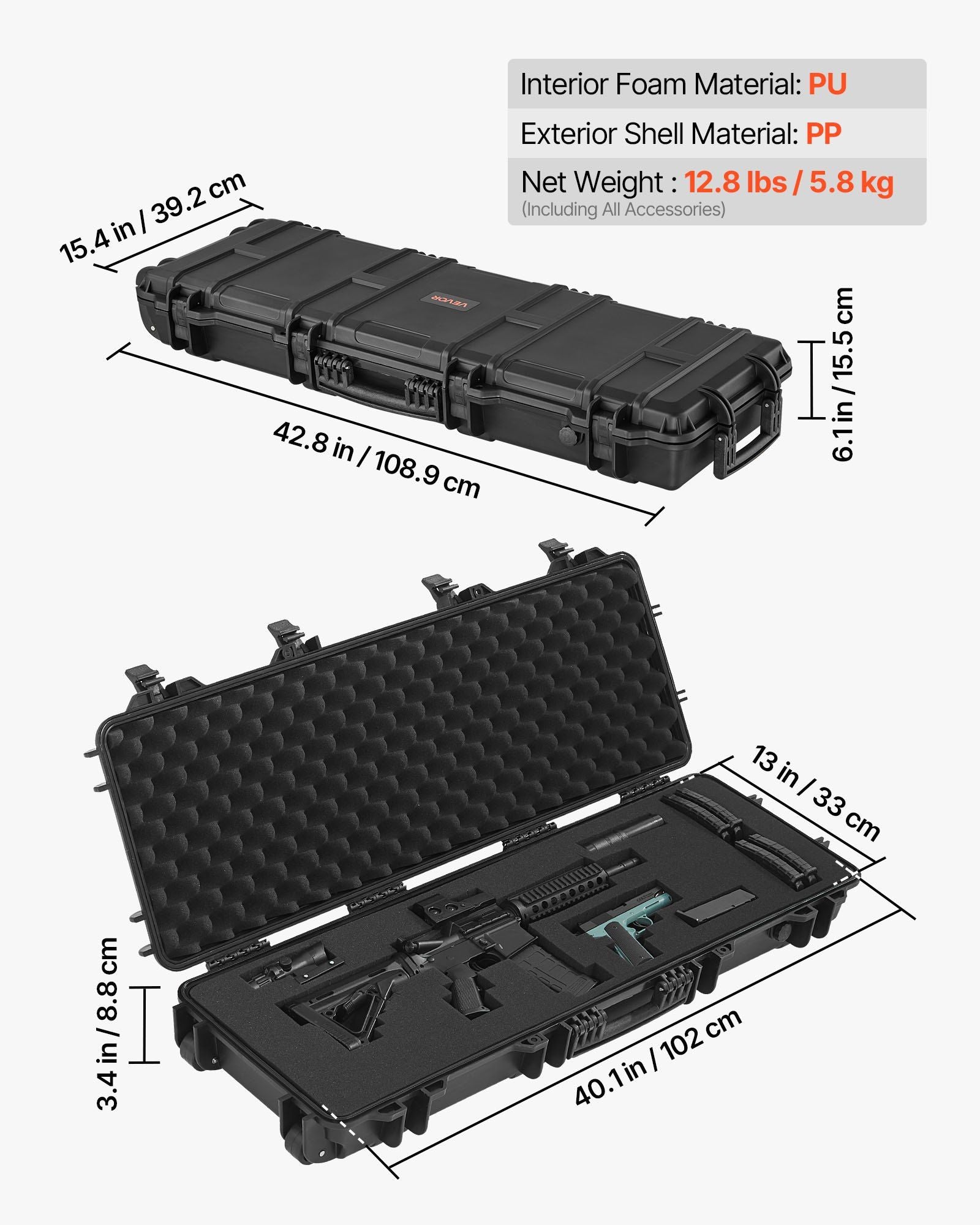 Hard Rifle Case, Lockable Rifle Case with Pre-cut Foams, 1016 mm Gun Storage with Wheels, IP67 Waterproof & V952-FSYZBQH40127R1IIQ001V0