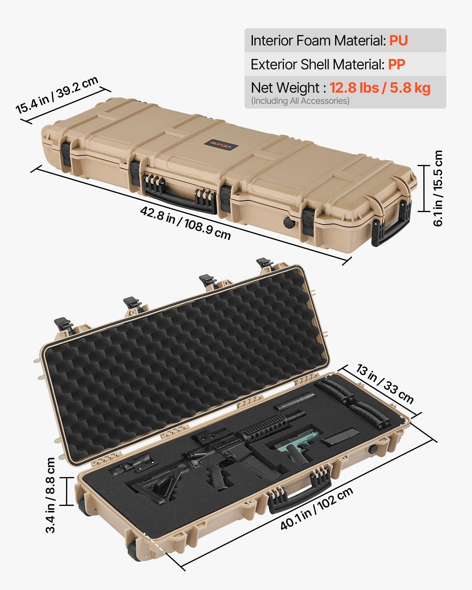 Hard Rifle Case, Lockable Rifle Case with Pre-cut Foams, 1016 mm Gun Storage with Wheels, IP67 Waterproof & V952-FSYZBQH40127WY6H3001V0
