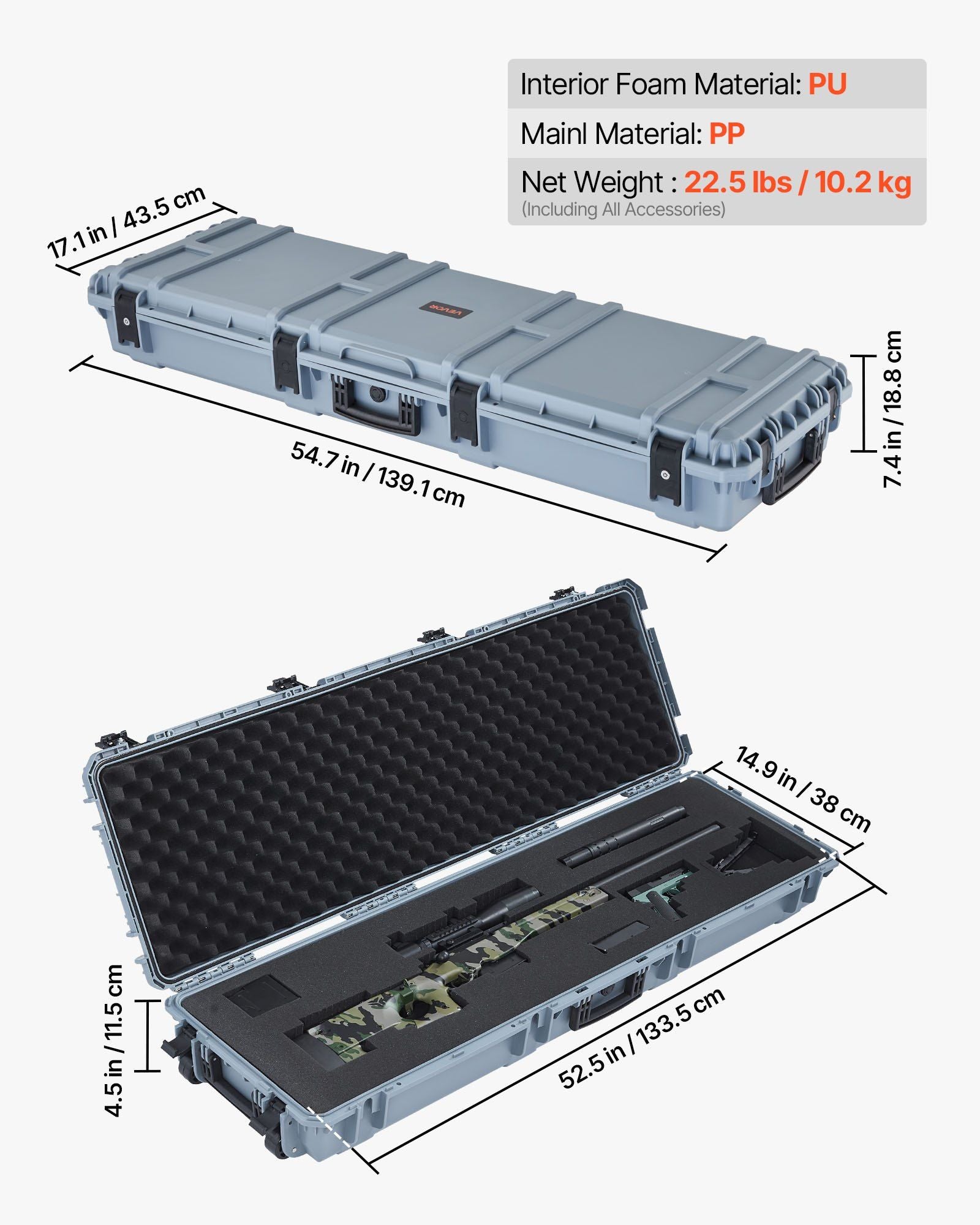 Hard Rifle Case, Lockable Rifle Case with Pre-cut Foams, 1320 mm Gun Storage with Wheels, Heavy Duty IP67 V952-FSYZBQH52415N8LQJ001V0