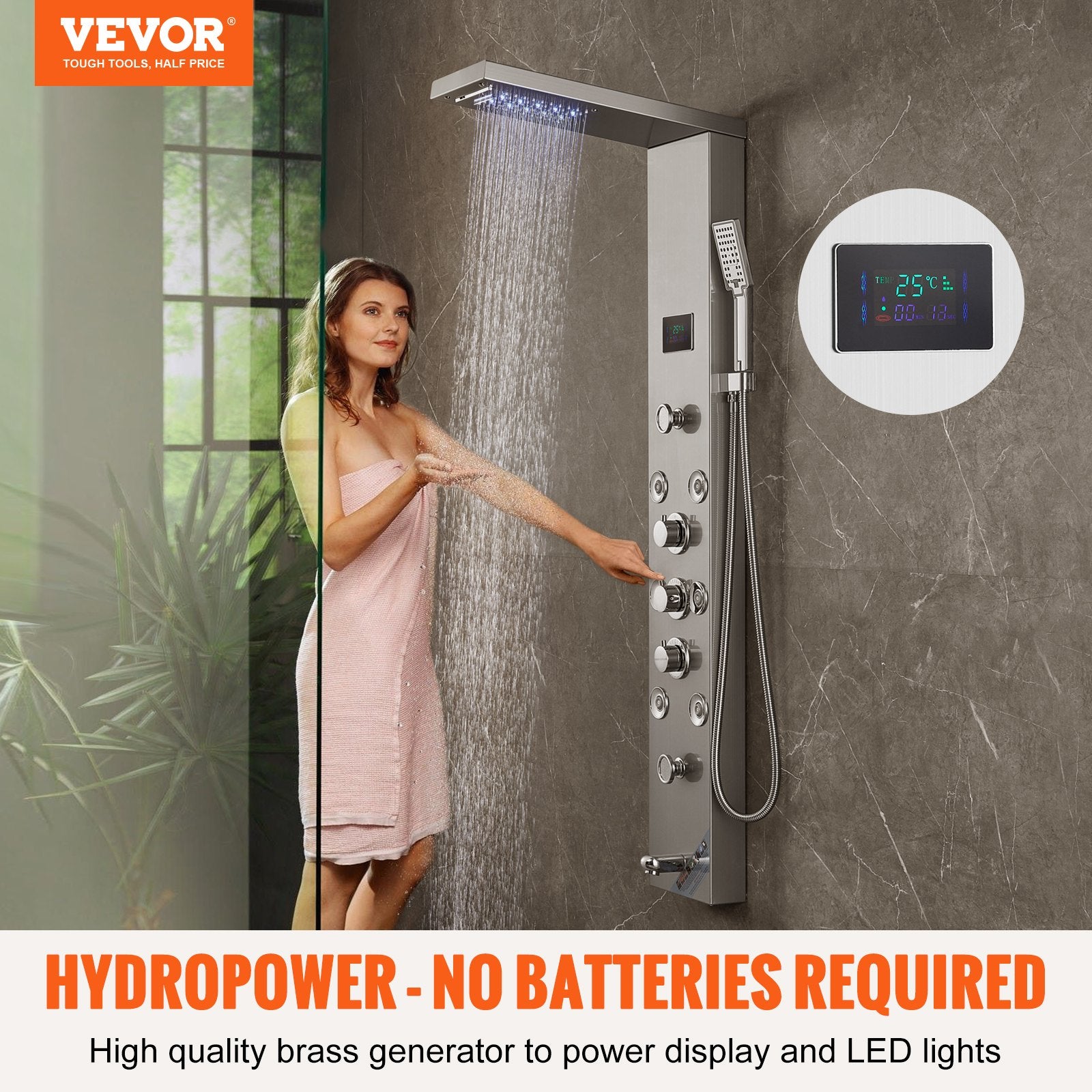 Shower Panel System, 6 Shower Modes, LED & Screen Hydroelectricity Shower Panel Tower, Rainfall, Waterfall, 8 V952-FTYS6CS2MSDPKUG3WV9