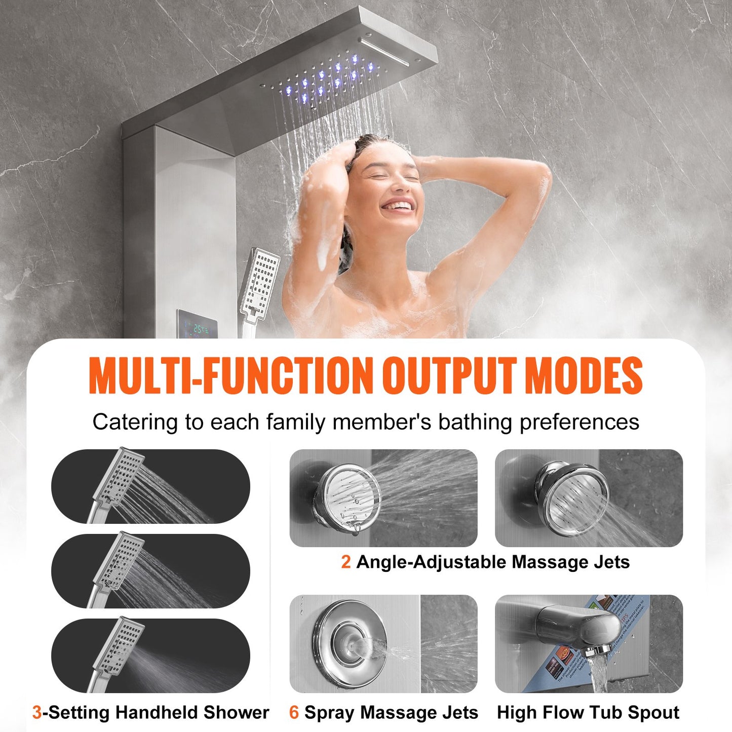 Shower Panel System, 6 Shower Modes, LED & Screen Hydroelectricity Shower Panel Tower, Rainfall, Waterfall, 8 V952-FTYS6CS2MSDPKUG3WV9