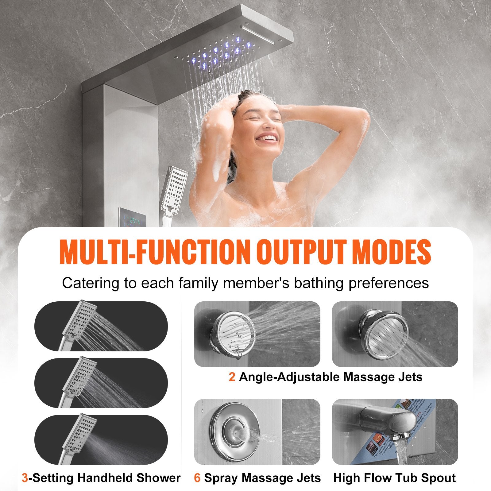 Shower Panel System, 6 Shower Modes, LED & Screen Hydroelectricity Shower Panel Tower, Rainfall, Waterfall, 8 V952-FTYS6CS2MSDPKUG3WV9