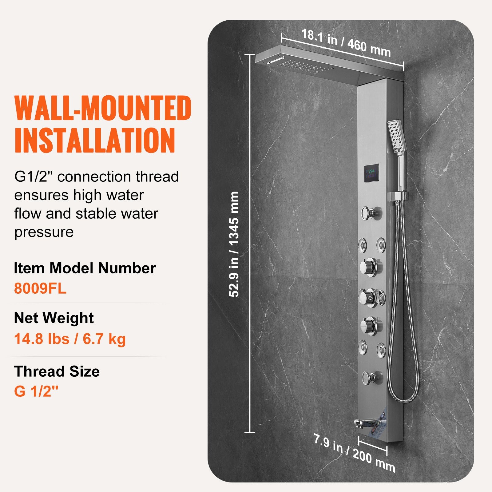 Shower Panel System, 6 Shower Modes, LED & Screen Hydroelectricity Shower Panel Tower, Rainfall, Waterfall, 8 V952-FTYS6CS2MSDPKUG3WV9
