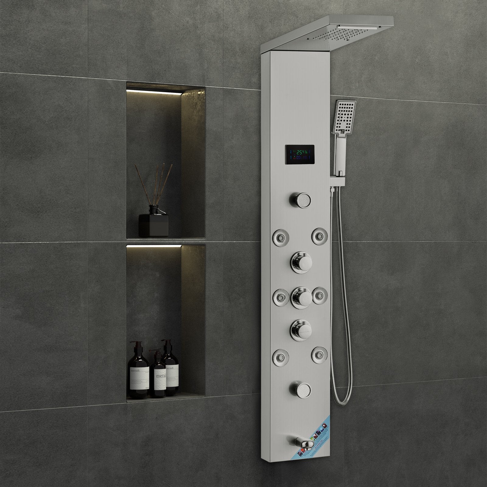 Shower Panel System, 6 Shower Modes, LED & Screen Hydroelectricity Shower Panel Tower, Rainfall, Waterfall, 8 V952-FTYS6CS2MSDPKUG3WV9