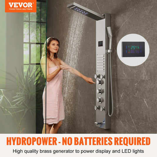 Shower Panel System, 6 Shower Modes, LED & Screen Hydroelectricity Shower Panel Tower, Rainfall, Waterfall, 5 V952-FTYS6CS2MSDPTMPHLV9