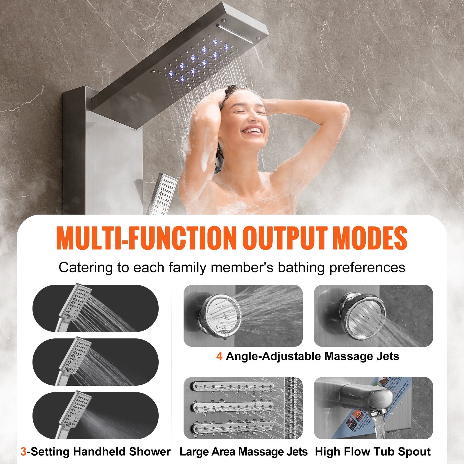 Shower Panel System, 6 Shower Modes, LED & Screen Hydroelectricity Shower Panel Tower, Rainfall, Waterfall, 5 V952-FTYS6CS2MSDPTMPHLV9