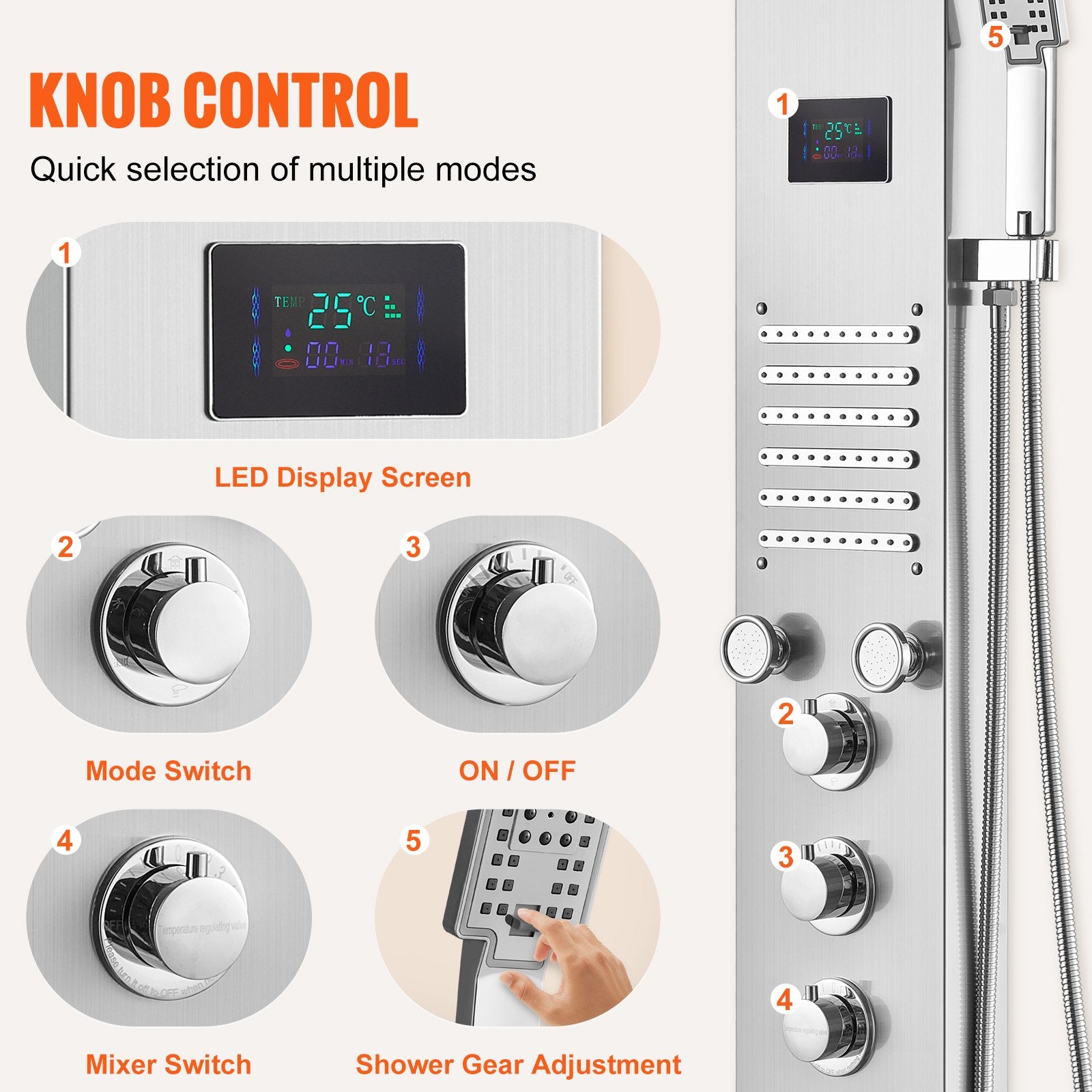 Shower Panel System, 6 Shower Modes, LED & Screen Hydroelectricity Shower Panel Tower, Rainfall, Waterfall, 5 V952-FTYS6CS2MSDPTMPHLV9