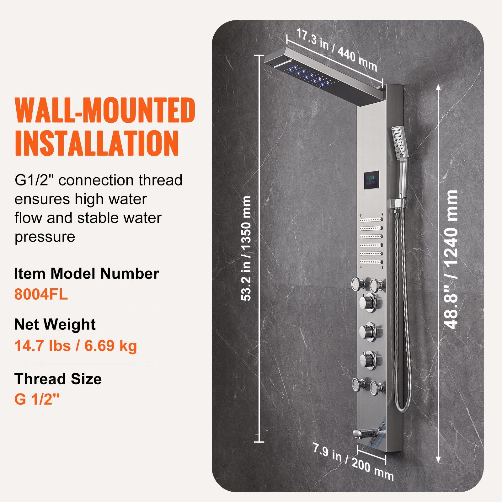 Shower Panel System, 6 Shower Modes, LED & Screen Hydroelectricity Shower Panel Tower, Rainfall, Waterfall, 5 V952-FTYS6CS2MSDPTMPHLV9