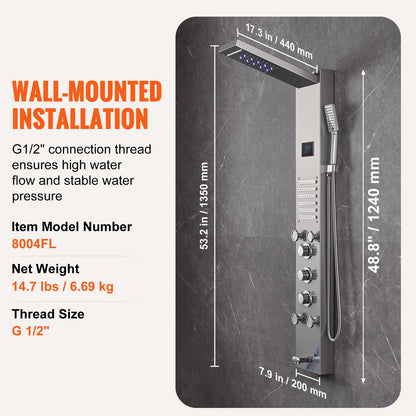 Shower Panel System, 6 Shower Modes, LED & Screen Hydroelectricity Shower Panel Tower, Rainfall, Waterfall, 5 V952-FTYS6CS2MSDPTMPHLV9