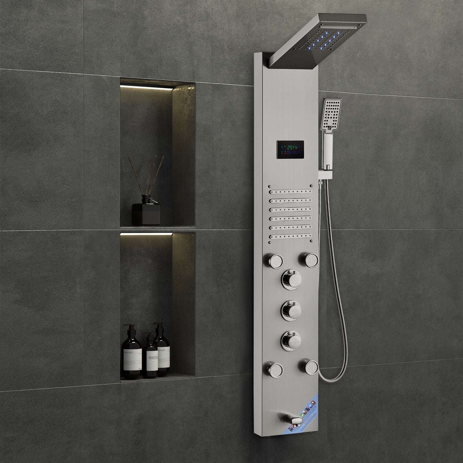 Shower Panel System, 6 Shower Modes, LED & Screen Hydroelectricity Shower Panel Tower, Rainfall, Waterfall, 5 V952-FTYS6CS2MSDPTMPHLV9