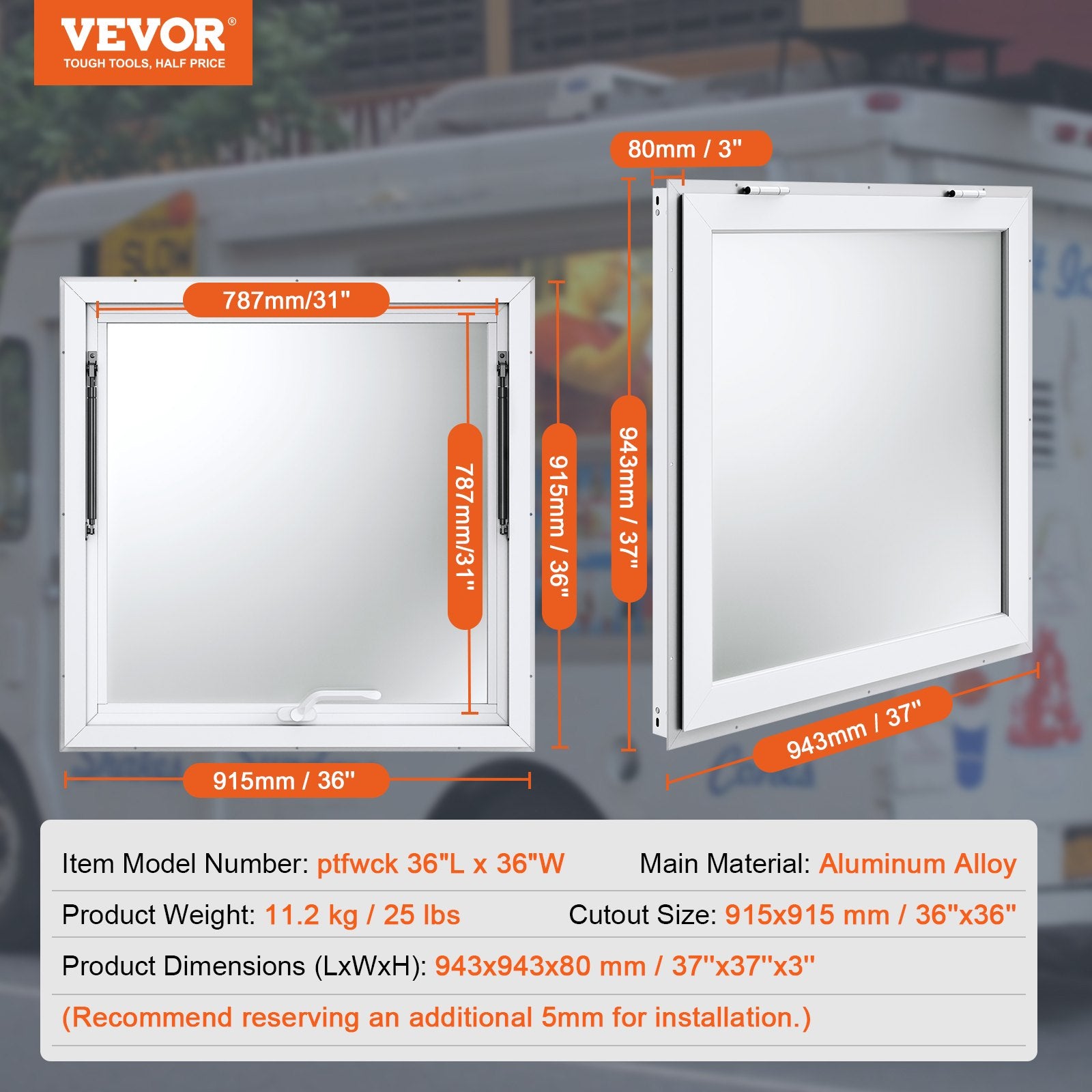 Concession Window 91x91cm, Aluminum Alloy Food Truck Service Window with Awning Door & Drag Hook, Up to 85 V952-FWCK36X36INC0H2VGV0