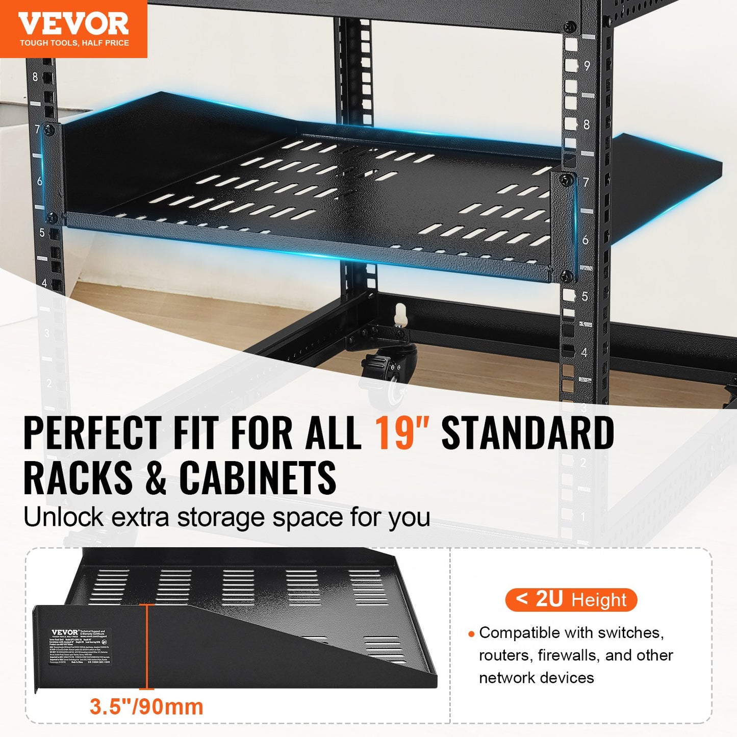 2U Server Rack Shelf 16"/406 mm Depth Vented Rack Mount Shelf with Tray V952-FWQJJGB2U16Y33AWQV0