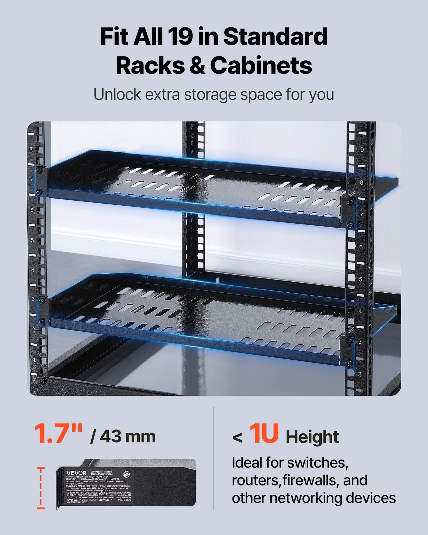 1U Server Rack Shelf, 4 PCS, 22.68 kg Max Load-Bearing Vented Cantilever, Wall Mount or Rack Mount Shelf with V952-FWQJJGB4J1U1MWT05001V0