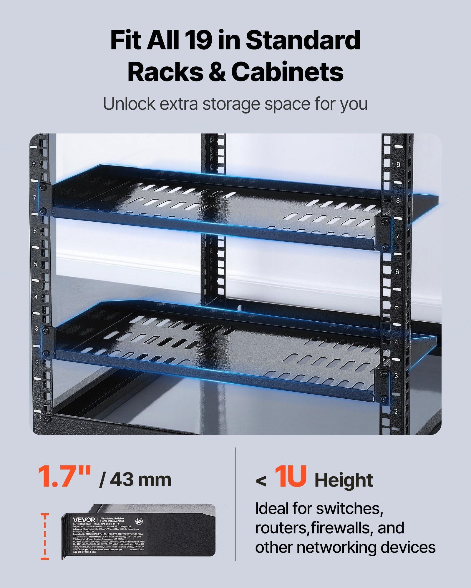 1U Server Rack Shelf, 4 PCS, 22.68 kg Max Load-Bearing Vented Cantilever, Wall Mount or Rack Mount Shelf with V952-FWQJJGB4J1U1MWT05001V0
