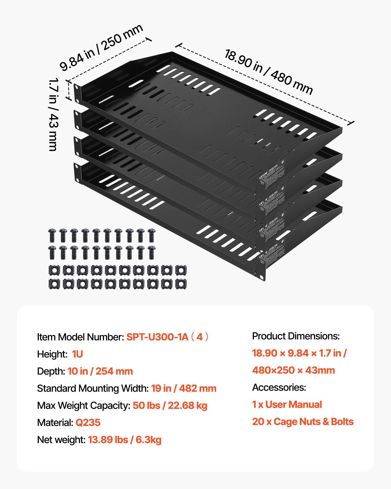 1U Server Rack Shelf, 4 PCS, 22.68 kg Max Load-Bearing Vented Cantilever, Wall Mount or Rack Mount Shelf with V952-FWQJJGB4J1U1MWT05001V0