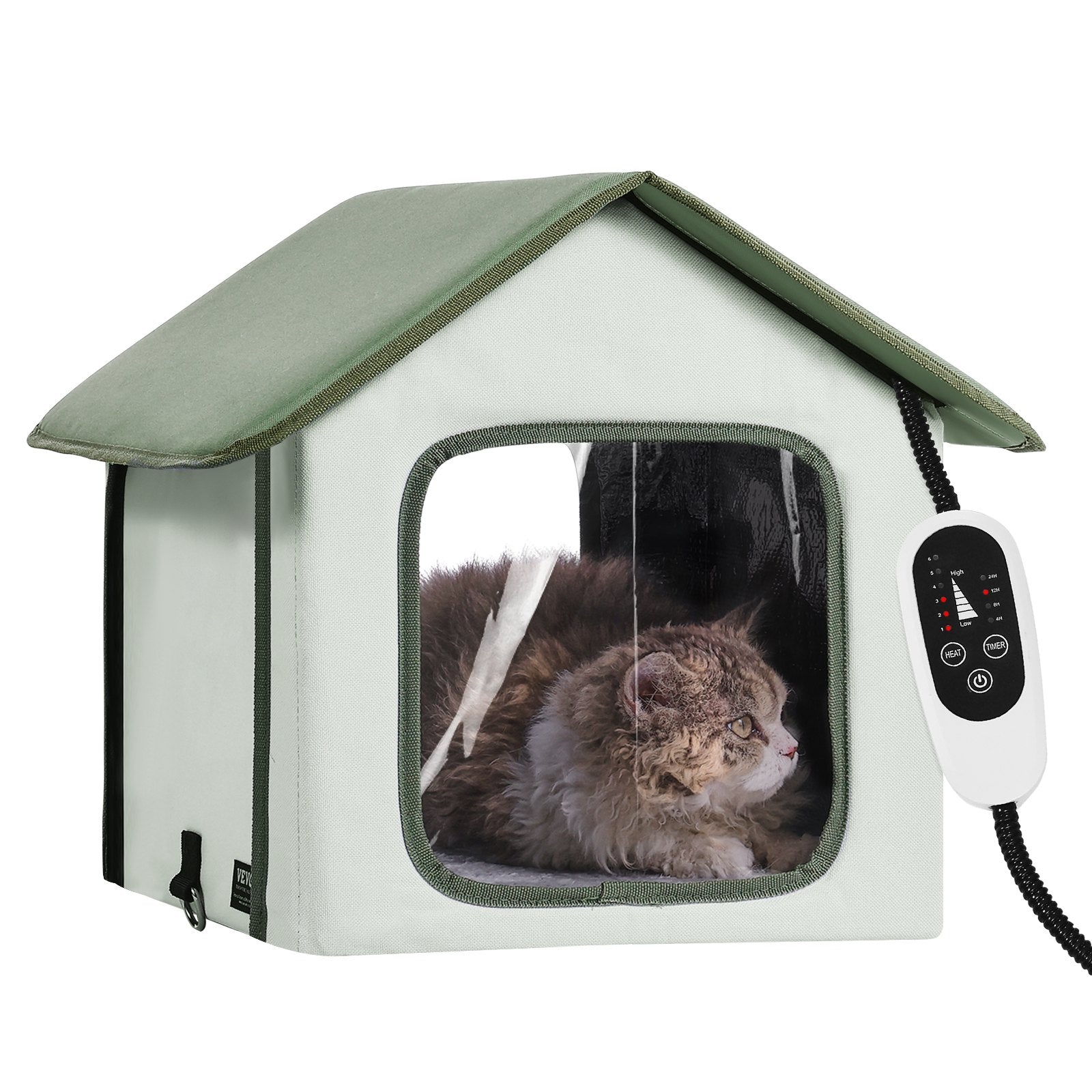 Elevated Heated Cat House, Outdoor Kitty Shelter with Timer, 600D Oxford Cloth Foldable Cat Shelter with V952-FWSBYMBHSNJBKOLU0V3