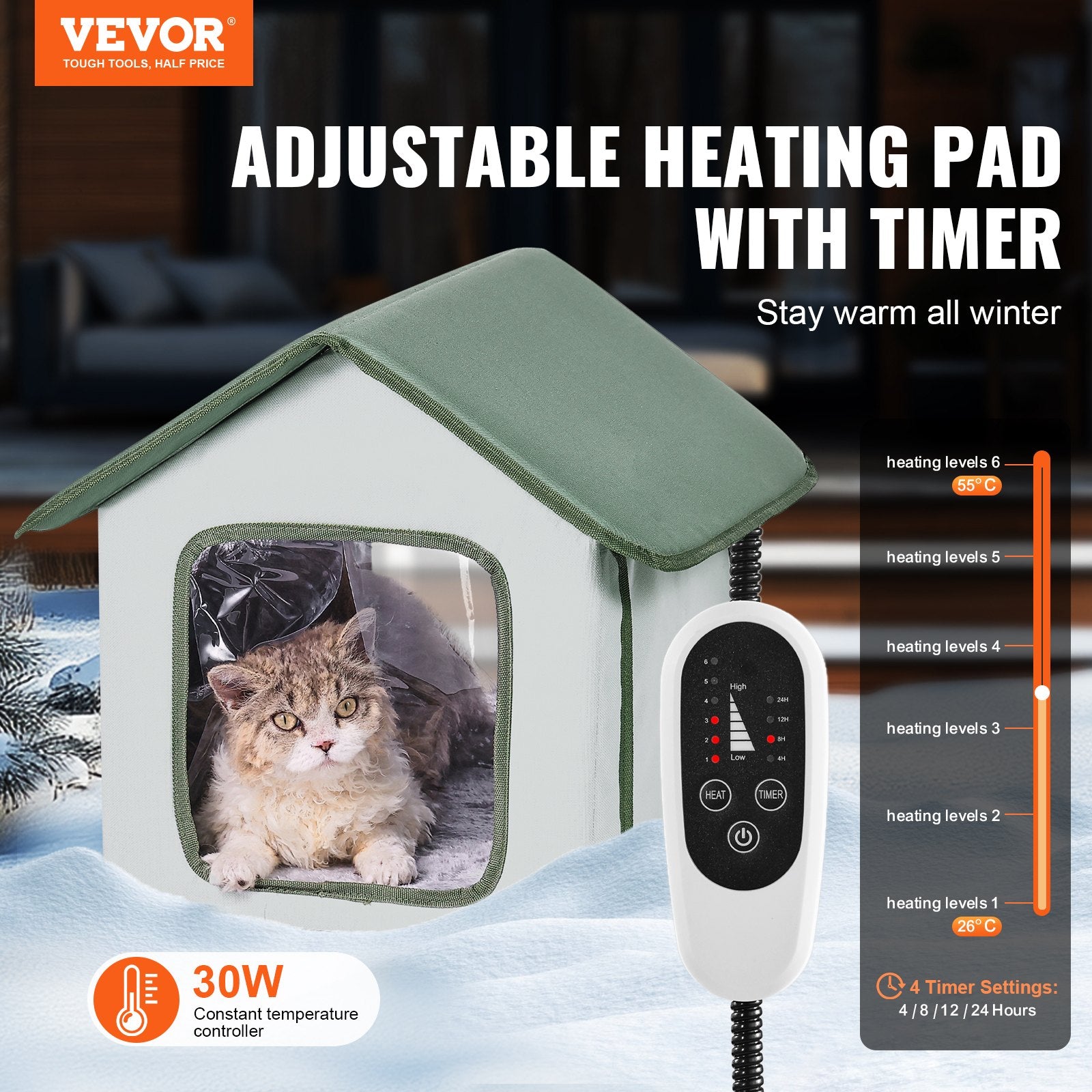 Elevated Heated Cat House, Outdoor Kitty Shelter with Timer, 600D Oxford Cloth Foldable Cat Shelter with V952-FWSBYMBHSNJBKOLU0V3