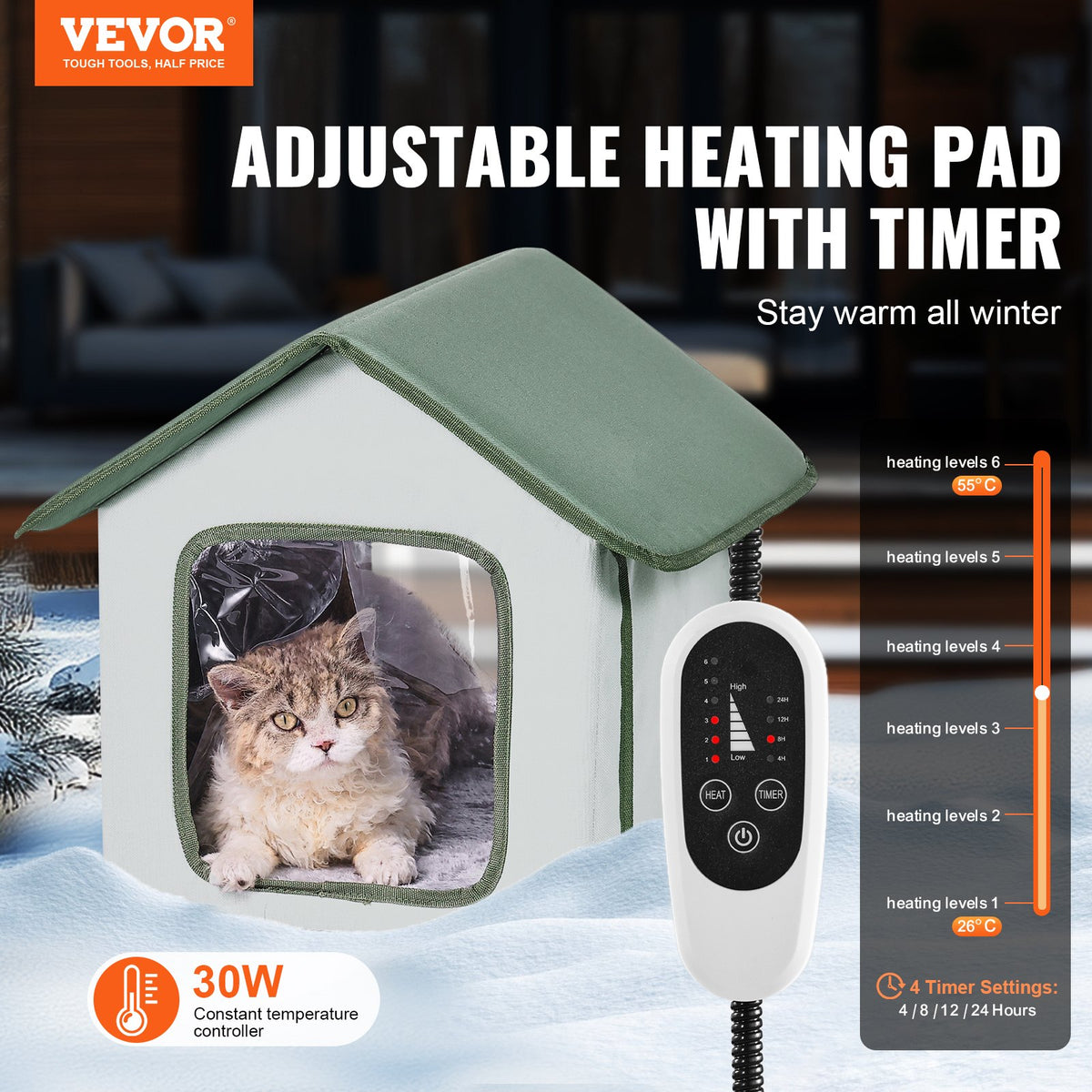 Elevated Heated Cat House, Outdoor Kitty Shelter with Timer, 600D Oxford Cloth Foldable Cat Shelter with V952-FWSBYMBHSNJBKOLU0V3