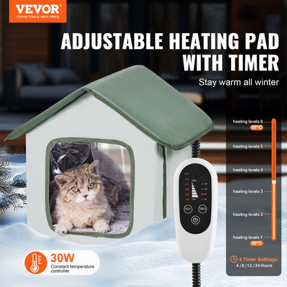 Elevated Heated Cat House, Outdoor Kitty Shelter with Timer, 600D Oxford Cloth Foldable Cat Shelter with V952-FWSBYMBHSNJBKOLU0V3