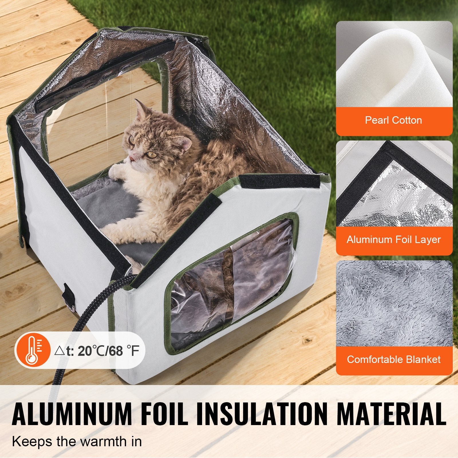 Elevated Heated Cat House, Outdoor Kitty Shelter with Timer, 600D Oxford Cloth Foldable Cat Shelter with V952-FWSBYMBHSNJBKOLU0V3